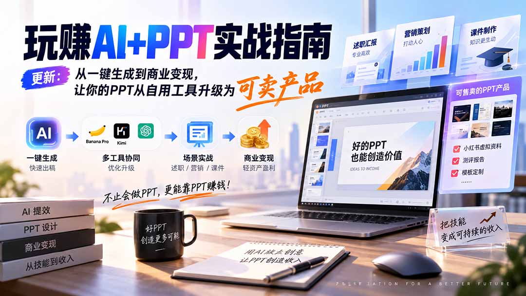 玩赚AI+PPT实战指南-更新5月13：从一键生成到商业变现，让你的PPT从自用工具升级为可卖产品-HFXZHAN网创