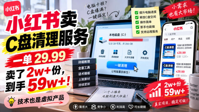 小红书卖C盘清理服务，一单29.99，卖了2w+份，技术也是虚拟产品-HFXZHAN网创