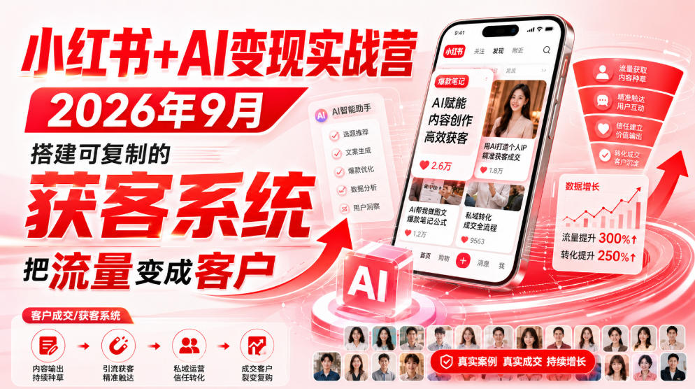 小红书+AI变现实战营2026年9月，搭建可复制的获客系统，把流量变成客户！-HFXZHAN网创