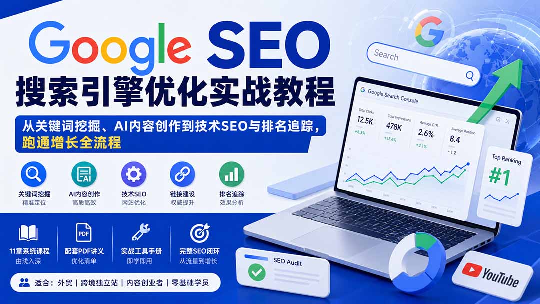 Google SEO搜索引擎优化实战教程：从关键词挖掘、AI内容创作到技术SEO与排名追踪，跑通增长全流程-HFXZHAN网创