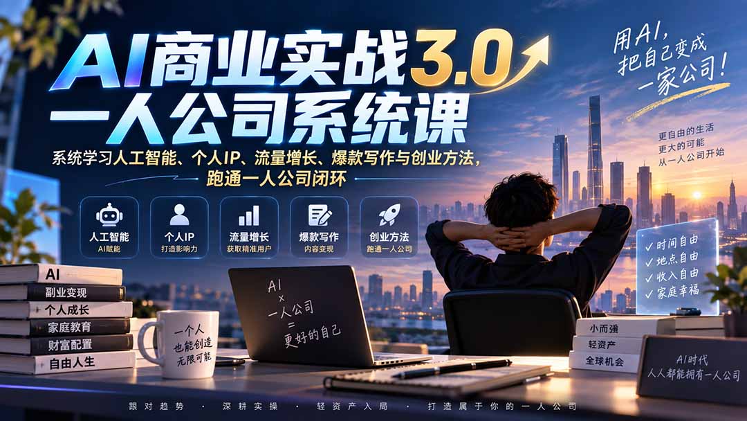 AI商业实战3.0一人公司系统课：系统学习人工智能、个人IP、流量增长、爆款写作与创业方法，跑通一人公司闭环-HFXZHAN网创