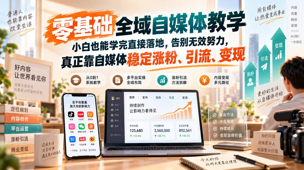 零基础全域自媒体教学，小白也能学完直接落地，告别无效努力，真正靠自媒体稳定涨粉、引流、变现-HFXZHAN网创
