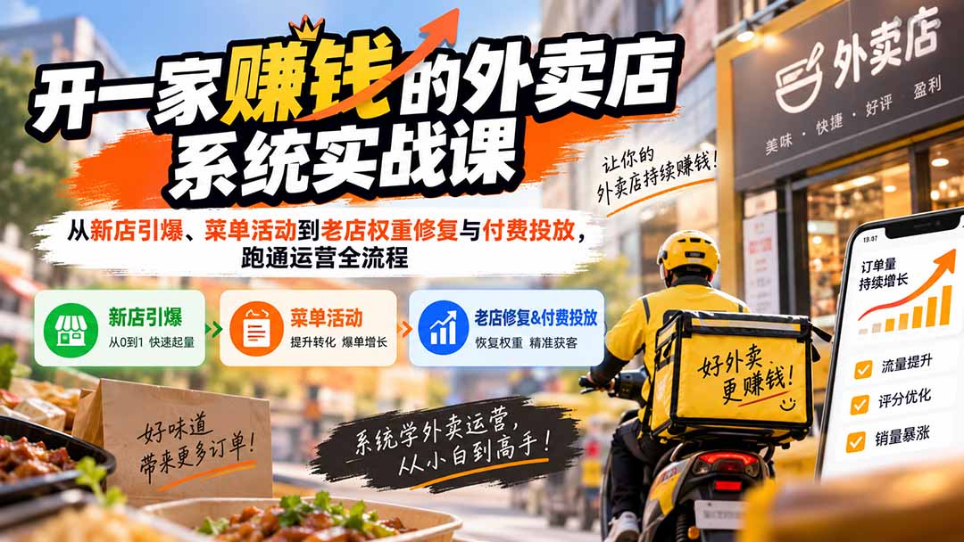 开一家赚钱的外卖店系统实战课：从新店引爆、菜单活动到老店权重修复与付费投放，跑通运营全流程-HFXZHAN网创