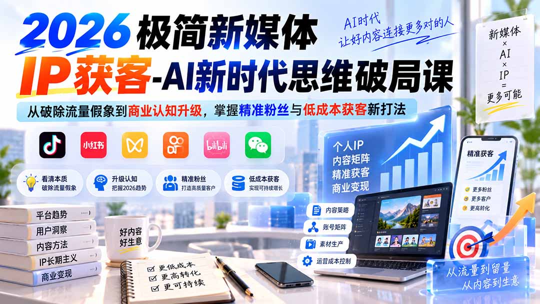 2026极简新媒体IP获客-AI新时代思维破局课：从破除流量假象到商业认知升级，掌握精准粉丝与低成本获客新打法-HFXZHAN网创