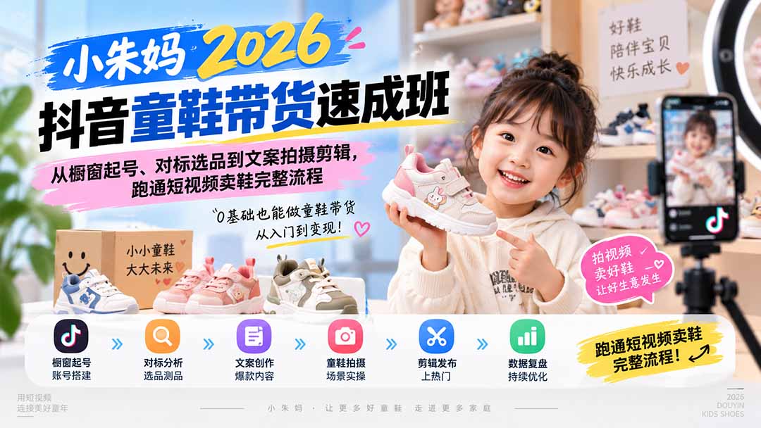 小朱妈2026抖音童鞋带货速成班：从橱窗起号、对标选品到文案拍摄剪辑，跑通短视频卖鞋完整流程-HFXZHAN网创
