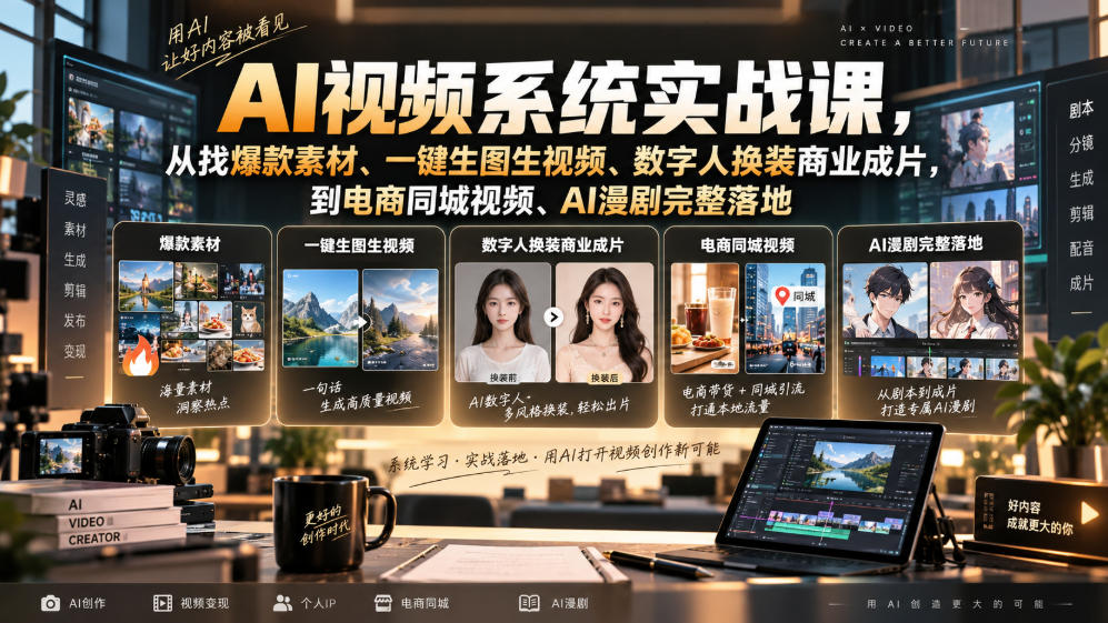 AI视频系统实战课，从找爆款素材、一键生图生视频、数字人换装商业成片，到电商同城视频、AI漫剧完整落地-HFXZHAN网创