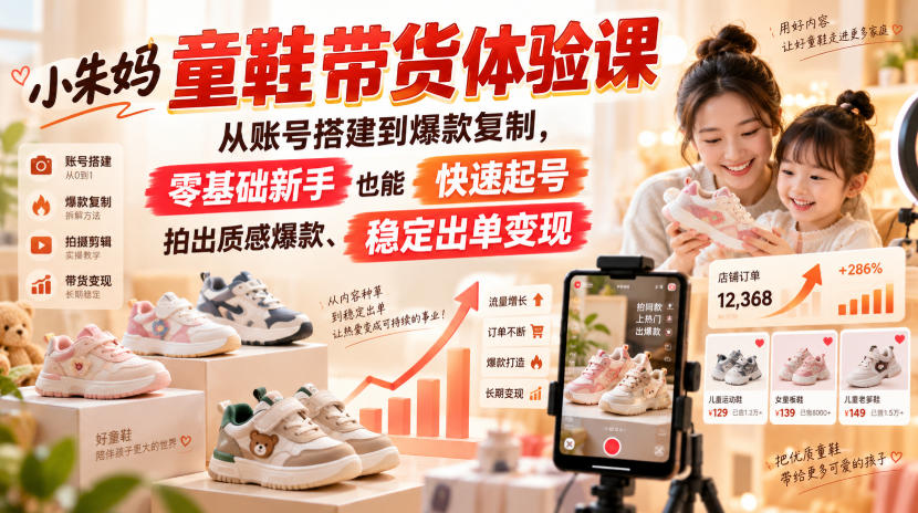 小朱妈童鞋带货体验课，从账号搭建到爆款复制，零基础新手也能快速起号、拍出质感爆款、稳定出单变现-HFXZHAN网创