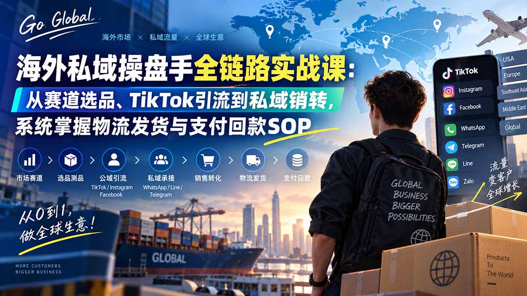 海外私域操盘手全链路实战课：从赛道选品、TikTok引流到私域销转，系统掌握物流发货与支付回款SOP-HFXZHAN网创