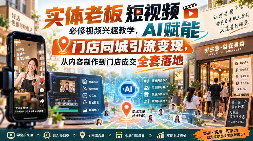 实体老板短视频必修视频兴趣教学，AI赋能门店同城引流变现，AI+短视频+直播打爆实体客流量-HFXZHAN网创