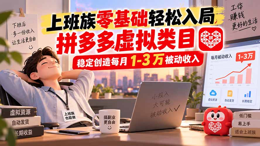 上班族零基础轻松入局，拼多多虚拟类目，稳定创造每月 1-3 万被动收入-HFXZHAN网创
