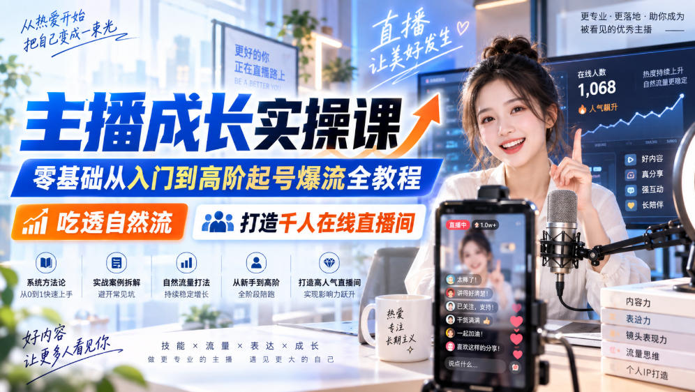 主播成长实操课｜零基础从入门到高阶起号爆流全教程，吃透自然流，打造千人在线直播间-HFXZHAN网创