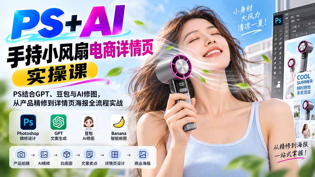 PS+AI手持小风扇电商详情页实操课：PS结合GPT、豆包与AI修图，从产品精修到详情页海报全流程实战-HFXZHAN网创