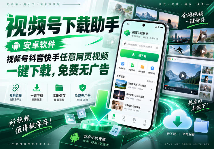 视频号下载助手，安卓软件，视频号抖音快手任意网页视频，一键下载，免费无广告-HFXZHAN网创