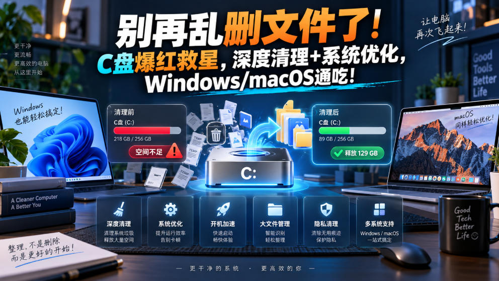 别再乱删文件了！C盘爆红救星，深度清理+系统优化，Windows/macOS通吃！-HFXZHAN网创