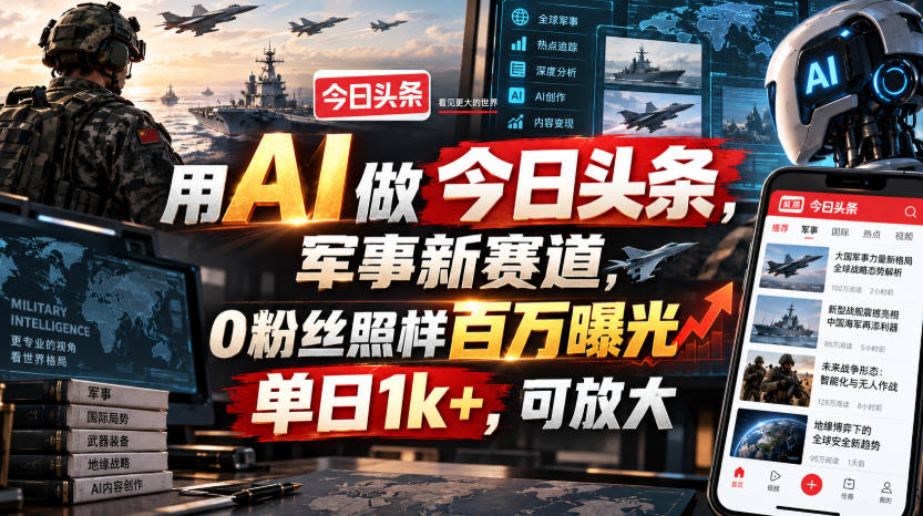 用AI做今日头条，军事新赛道，0粉丝照样百万曝光，单日1k+，可放大-HFXZHAN网创
