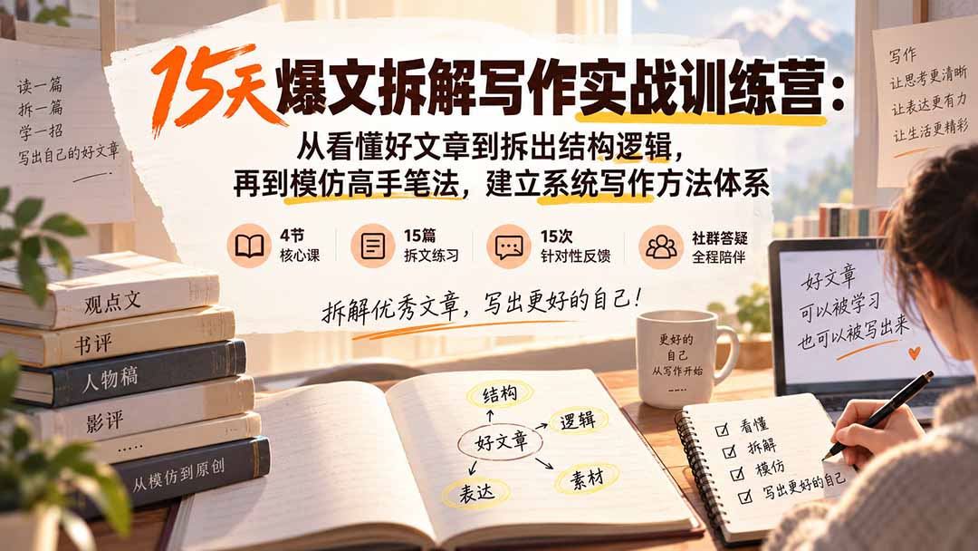 15天爆文拆解写作实战训练营：从看懂好文章到拆出结构逻辑，再到模仿高手笔法，建立系统写作方法体系-HFXZHAN网创