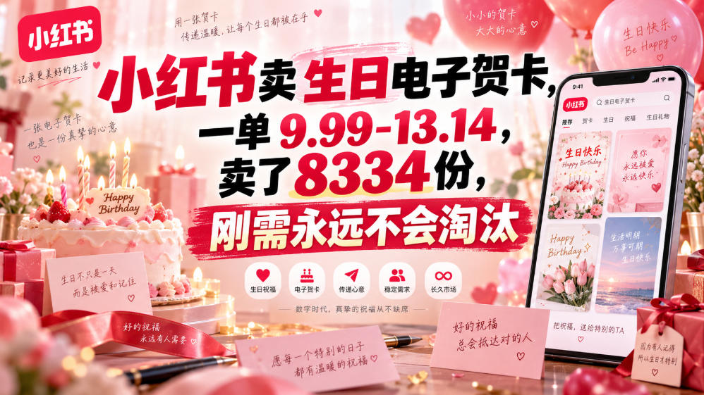 小红书卖生日电子贺卡，一单9.99-13.14，卖了8334份，刚需永远不会淘汰-HFXZHAN网创