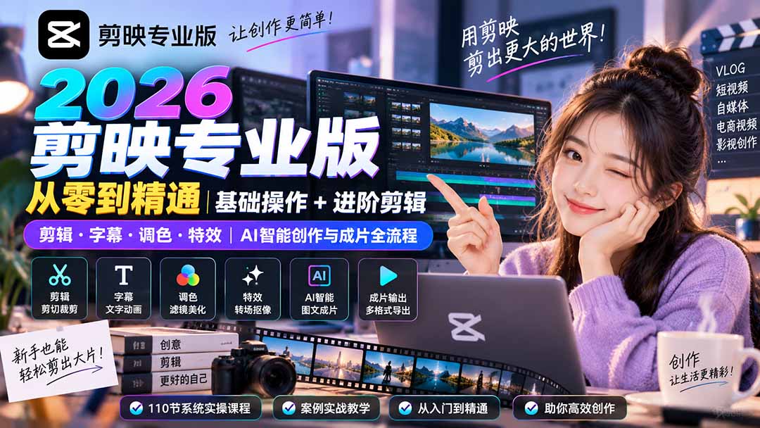 2026剪映专业版从零到精通｜基础操作+进阶剪辑｜剪辑·字幕·调色·特效｜AI智能创作与成片全流程-HFXZHAN网创