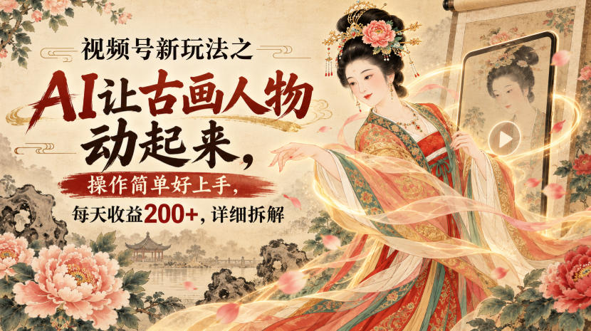 视频号新玩法之AI让古画人物动起来，操作简单好上手，每天收益200+，详细拆解-HFXZHAN网创
