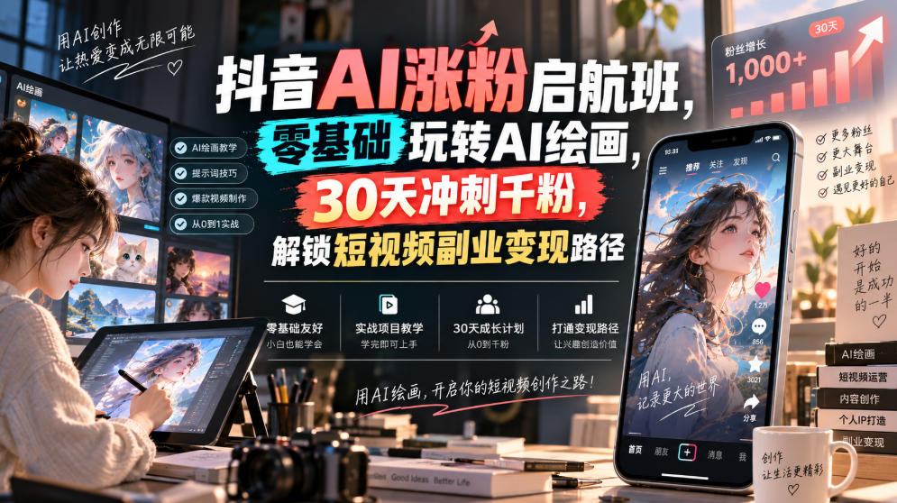 抖音AI涨粉启航班，零基础玩转AI绘画，30天冲刺千粉，解锁短视频副业变现路径-HFXZHAN网创