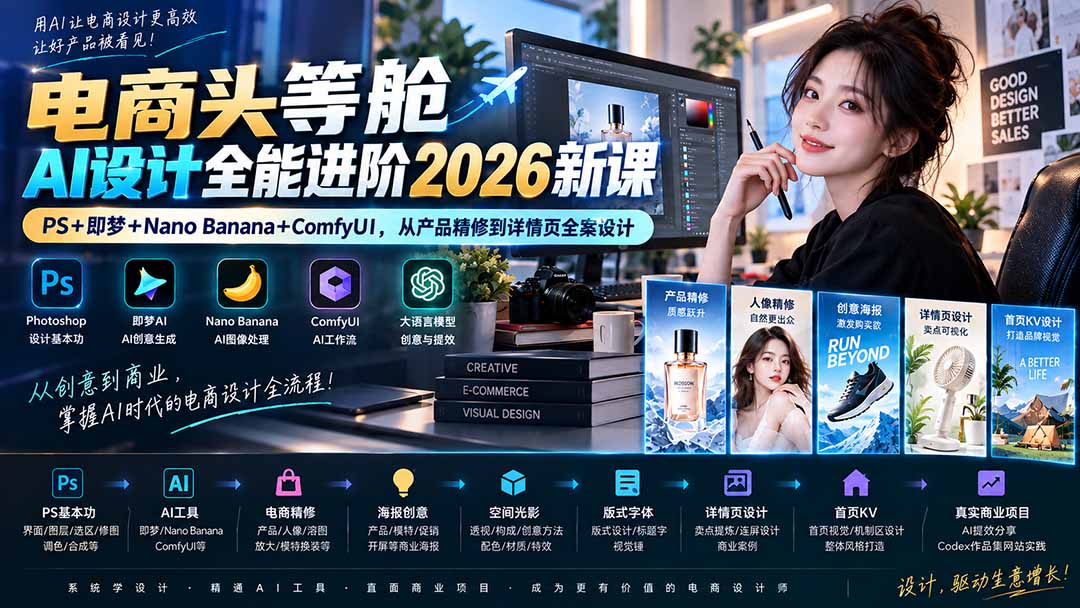 电商头等舱AI设计全能进阶2026新课：PS+即梦+Nano Banana+ComfyUI，从产品精修到详情页全案设计-HFXZHAN网创