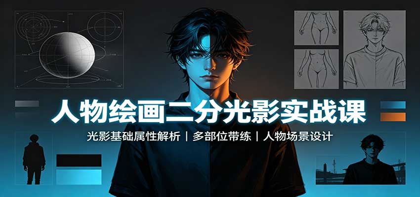 人物绘画二分光影实战课：光影基础属性解析，多部位带练，人物场景设计-HFXZHAN网创