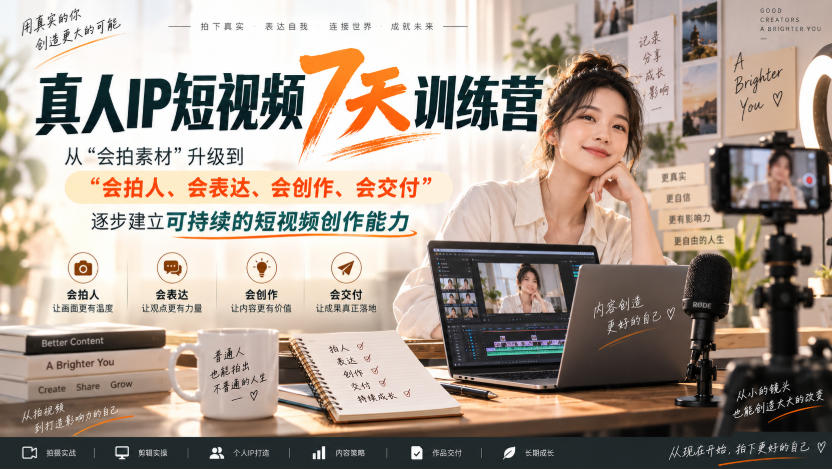 真人IP短视频7天训练营，从“会拍素材”升级到“会拍人、会表达、会创作、会交付”，逐步建立可持续的短视频创作能力-HFXZHAN网创