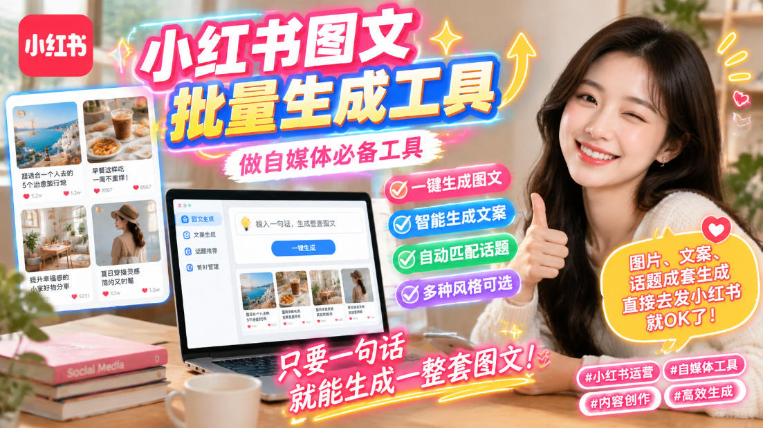 小红书图文批量生成工具，话题、文案、配图一键生成，直接发布，做自媒体必备工具-HFXZHAN网创