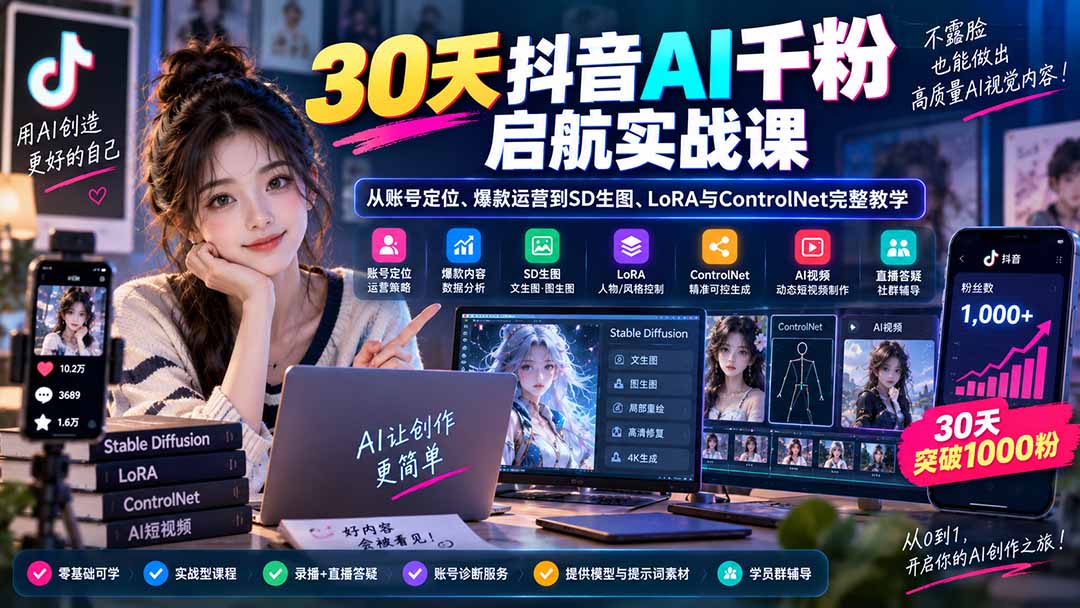 30天抖音AI千粉启航实战课：从账号定位、爆款运营到SD生图、LoRA与ControlNet完整教学-HFXZHAN网创
