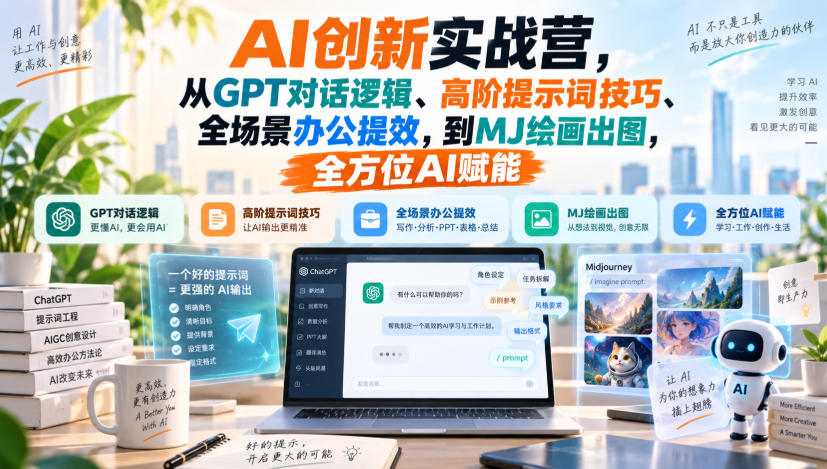 AI创新实战营，从GPT对话逻辑、高阶提示词技巧、全场景办公提效，到MJ绘画出图，全方位AI赋能-HFXZHAN网创