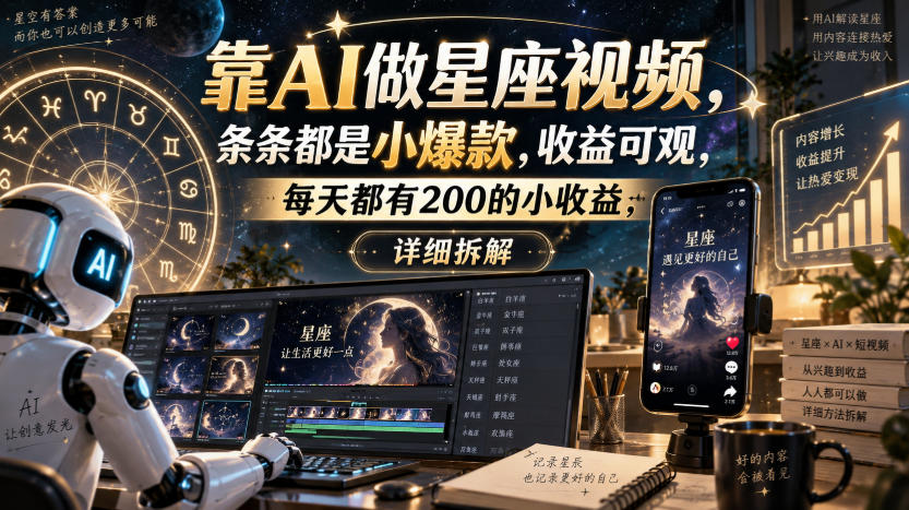 靠AI做星座视频，条条都是小爆款，收益可观，每天都有200的小收益，详细拆解-HFXZHAN网创