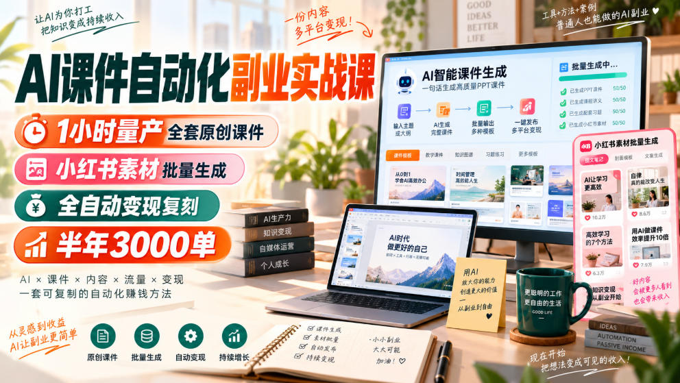 AI课件自动化副业实战课，1小时量产全套原创课件，小红书素材批量生成，全自动变现复刻，半年3000单-HFXZHAN网创