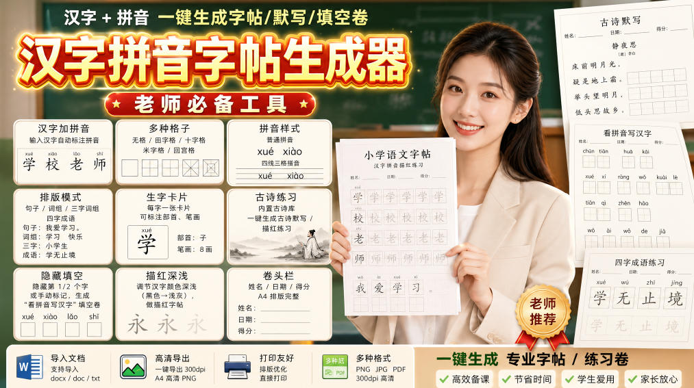 学习神器，汉字拼音字帖生成器，汉字+拼音 一键生成字帖/默写/填空卷，支持词组、成语，老师、家长必备-HFXZHAN网创