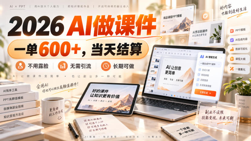 2026 AI做课件，一单600+，当天结算，不用露脸，无需引流，长期可做【揭秘】-HFXZHAN网创