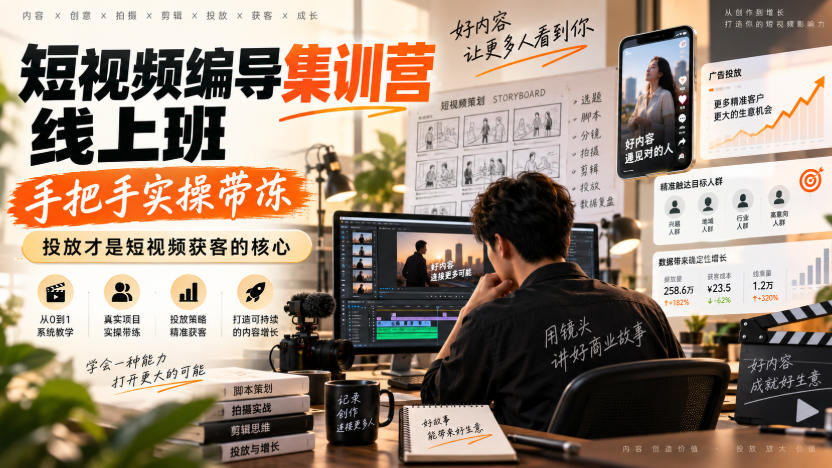 短视频编导集训营线上班，手把手实操带冻，投放才是短视频获客的核心-HFXZHAN网创