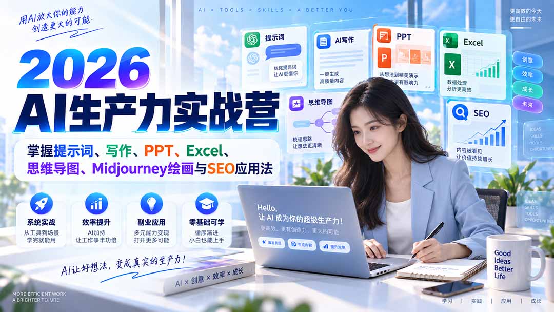 2026AI生产力实战营：掌握提示词、写作、PPT、Excel、思维导图、Midjourney绘画与SEO应用法-HFXZHAN网创