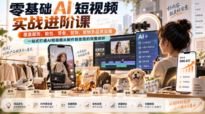 零基础AI短视频实战进阶课，覆盖服饰、鞋包、零食、首饰、宠物多品类实操，一站式打通AI短视频从制作到变现的完整闭环-HFXZHAN网创